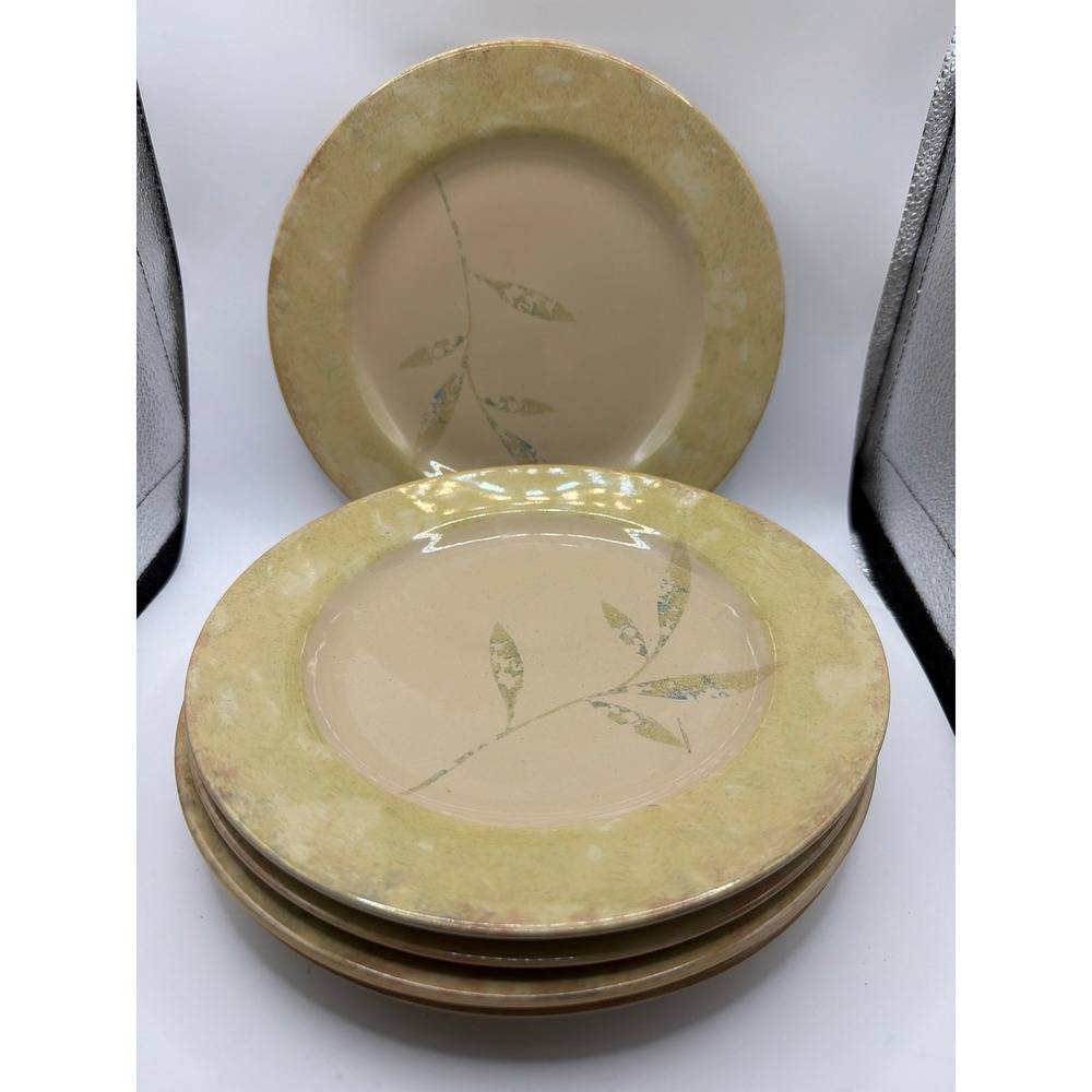 5 Pier 1 Antiqued Stoneware 8.5" Salad Plates Beige Green Leaf Leaves